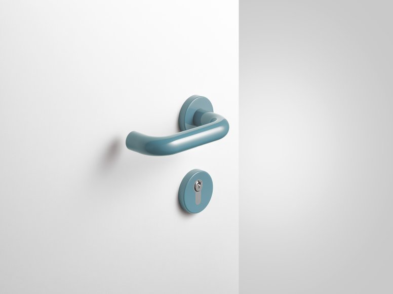 Béquille de porte avec rosace à clé en polyamide de couleur Aqua