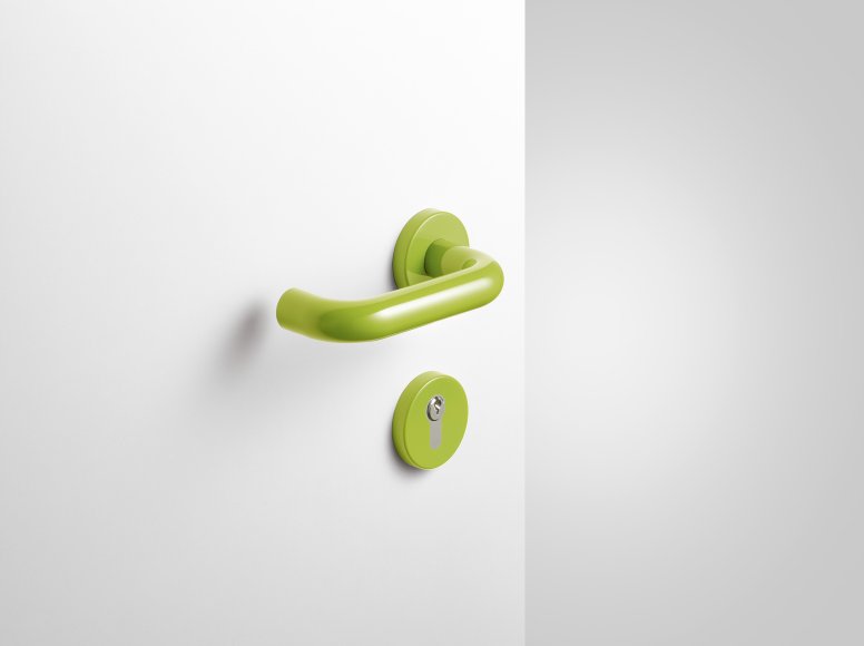 Béquille de porte avec rosace de clé en polyamide de couleur vert pomme