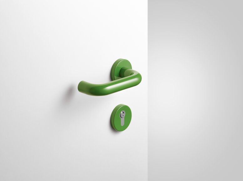 Béquille de porte avec rosace de clé en polyamide de couleur vert mai