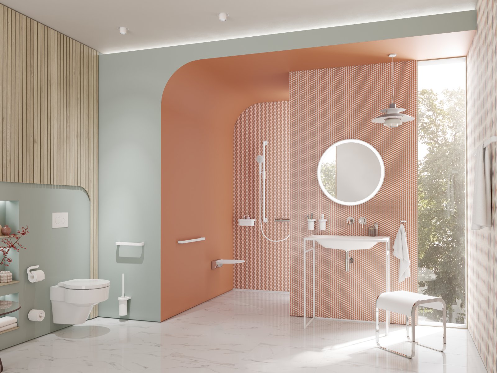 Salle de bain moderne avec lavabo, espace douche et WC