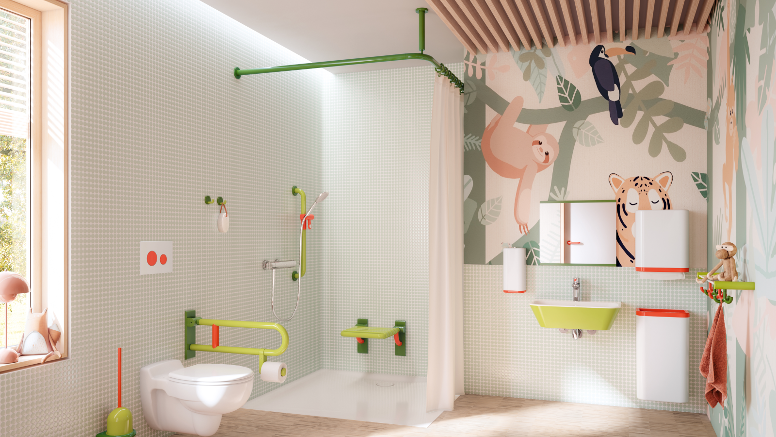 Salle de bain du jardin d'enfants avec des équipements sanitaires colorés