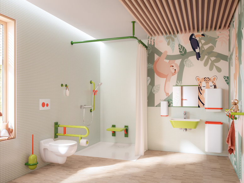 Kindergarten bathroom with colorful sanitary equipment