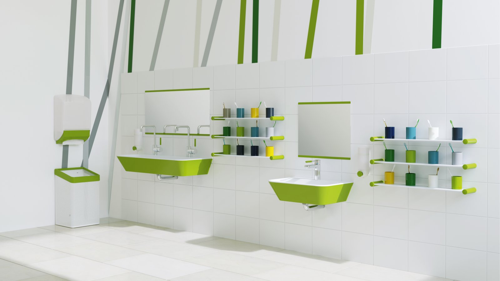 Child-friendly washbasin with green accents; two washbasins at different heights next to colorful toothbrush cup holders