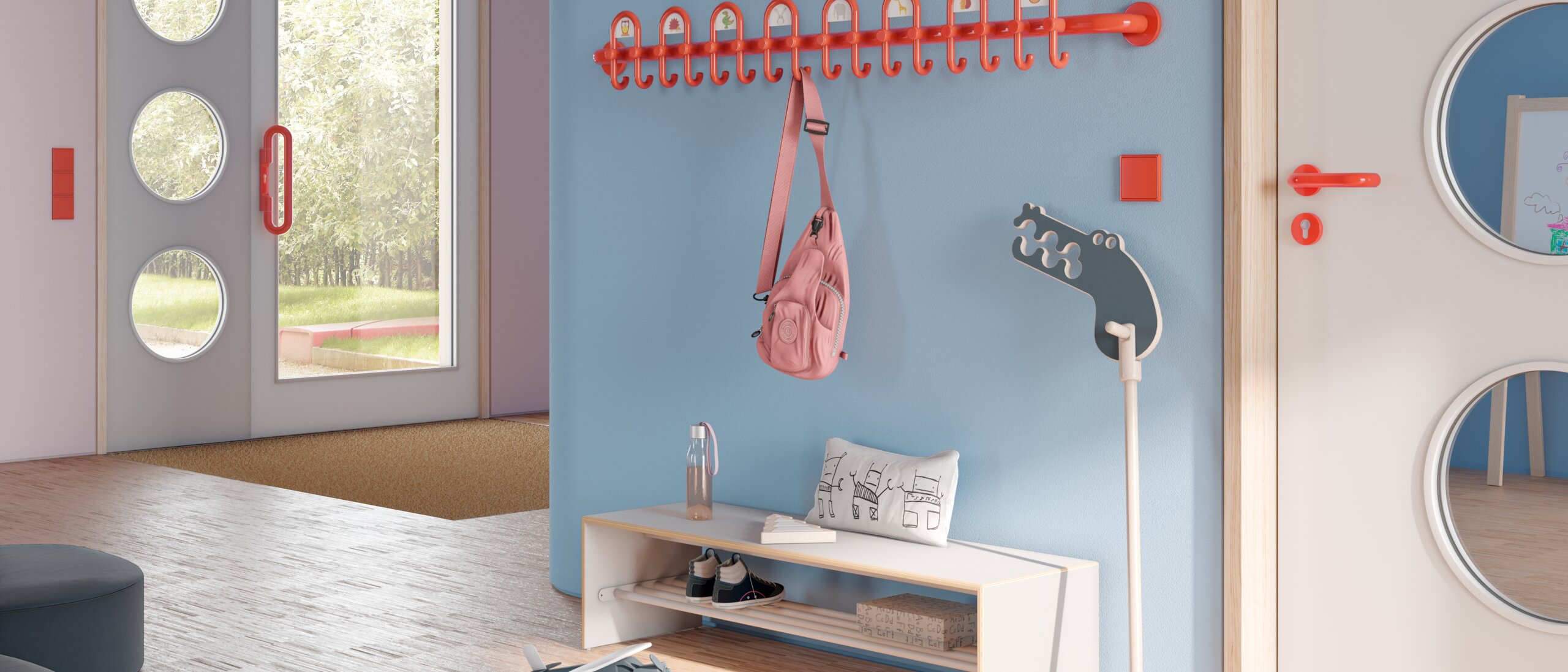 Colorful kindergarten equipped with fittings and wardrobe in the color orange