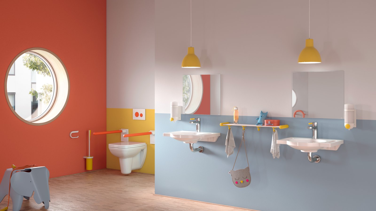 Kindergarten bathroom with colorful, child-friendly sanitary equipment