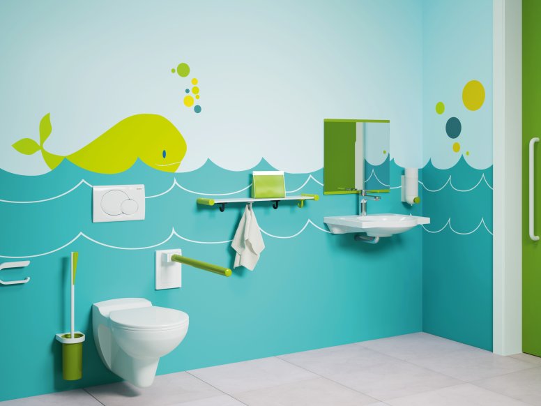 Salle de bain accessible aux enfants en bleu-vert