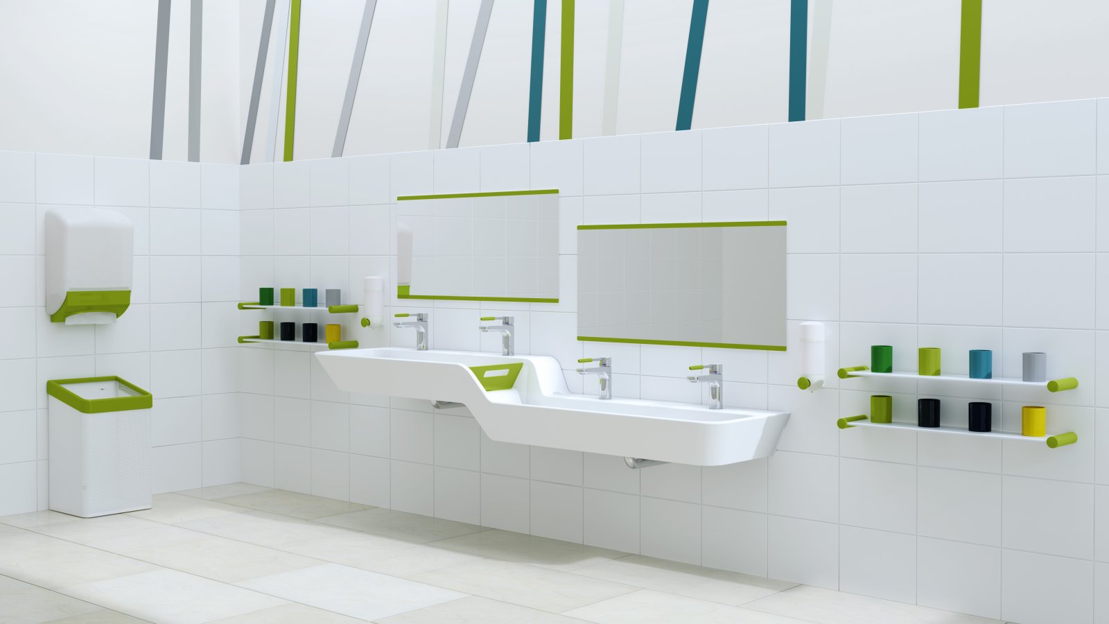 Plan de toilette adapté aux enfants avec des accents verts, lavabo avec graduation en hauteur et en profondeur intégrée à côté de barres de gobelets à dents colorées