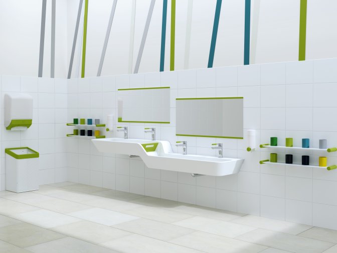 Child-friendly washbasin with green accents, washbasin with built-in height and depth graduation next to colorful toothbrush cup rails