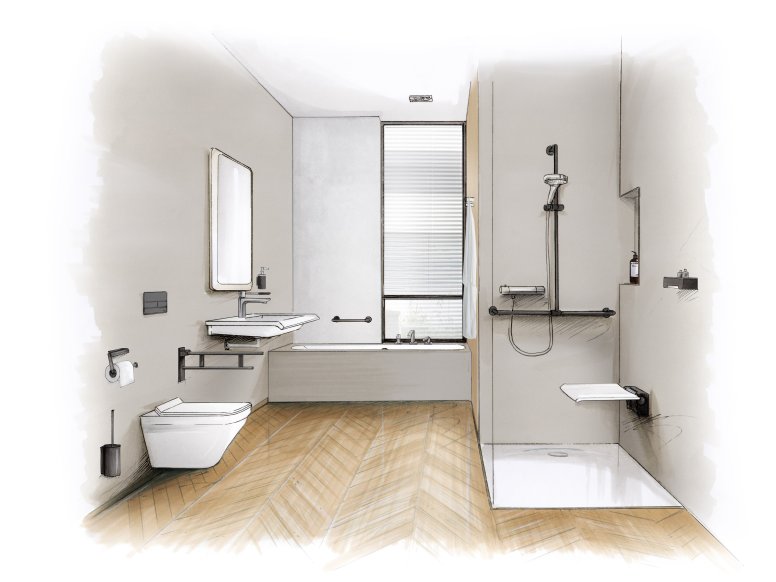 Dessin d'une salle de bain accessible avec lavabo, espace douche et WC