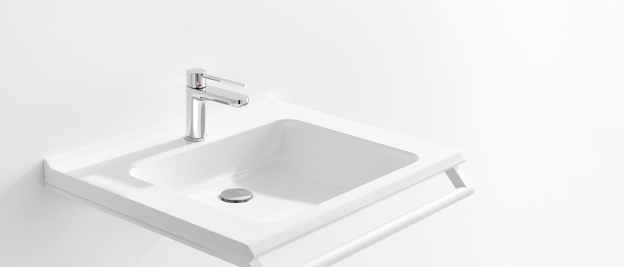 Lavabo accessible avec poignée de couleur blanc mat en acier inoxydable et robinetterie à levier unique chromée avec élément de poignée blanc en polyamide