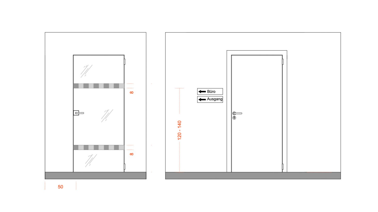 Drawing for barrier-free signage on the right and labelling of glass doors on the right