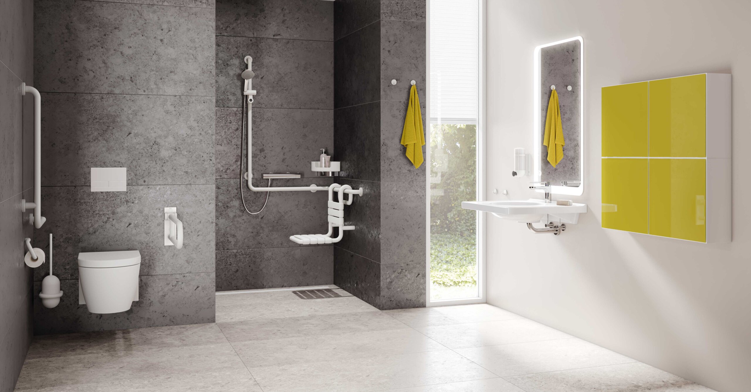 Barrier-free bathroom with washbasin, shower area and WC Series 477/801