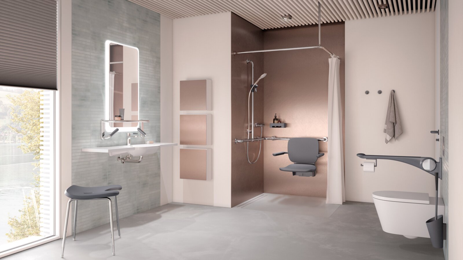 Salle de bain de soins sans barrière avec lavabo, espace douche et WC