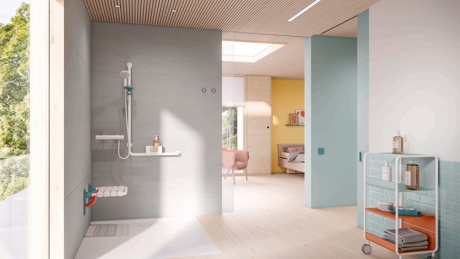 Espace douche accessible d'une chambre de patient