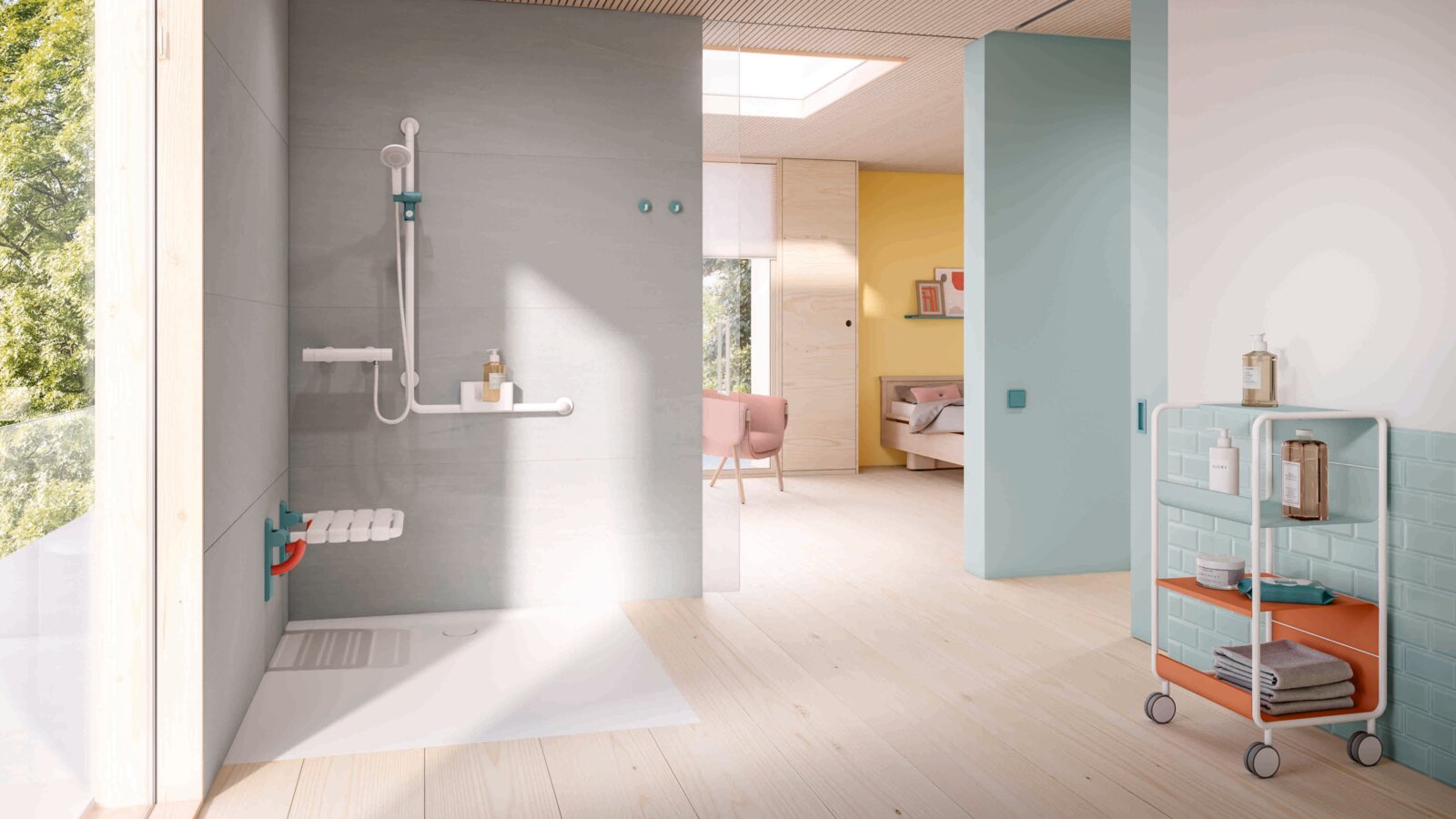 Espace douche accessible d'une chambre de patient