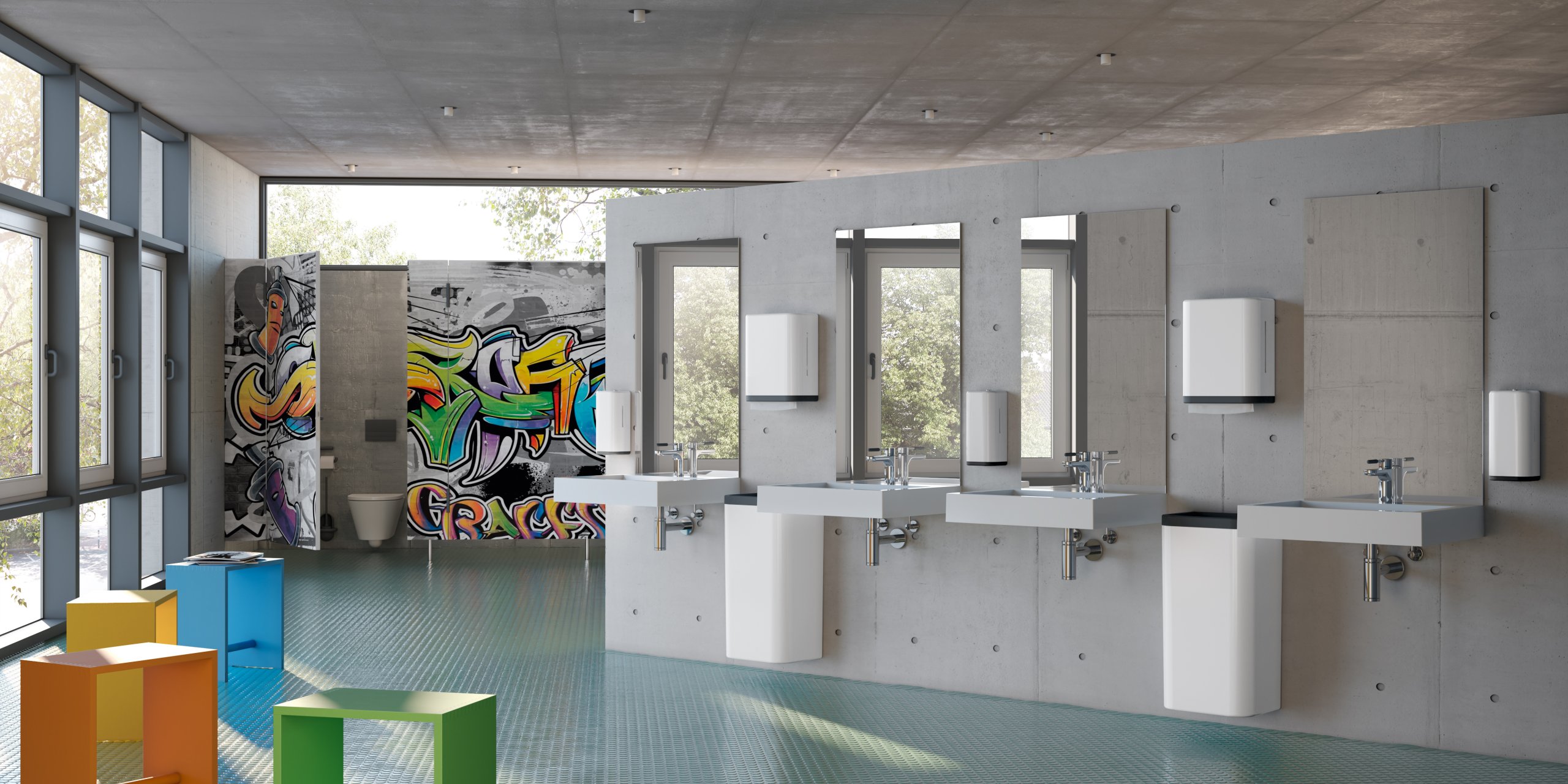 Colorful school toilet in matt anthracite