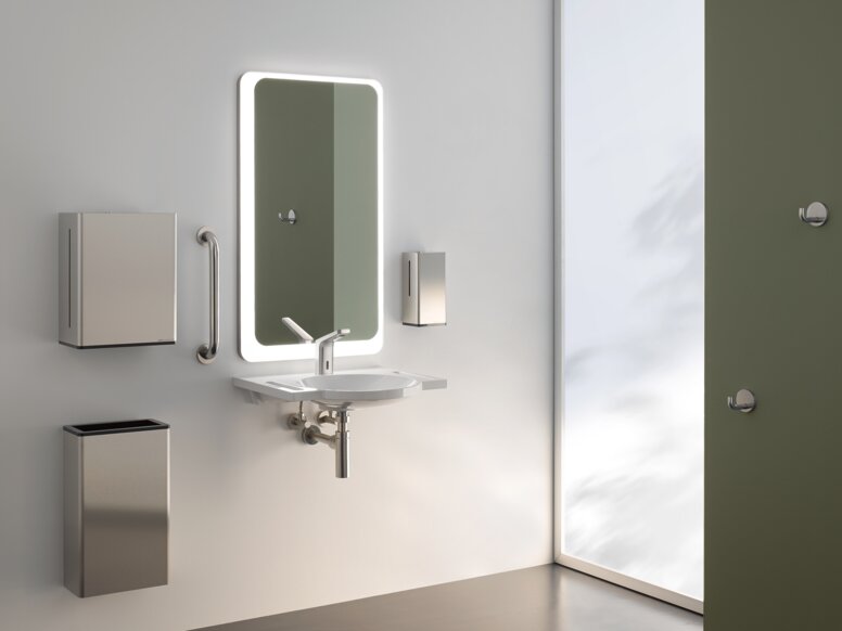 Barrier-free washbasin in public areas with grab rail, waste garbage can, soap and paper towel dispenser in matt stainless steel