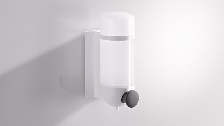 Distributeur de savon HEWI avec design cylindrique en blanc de signalisation en polyamide et bouton-poussoir en anthracite Série 477/801