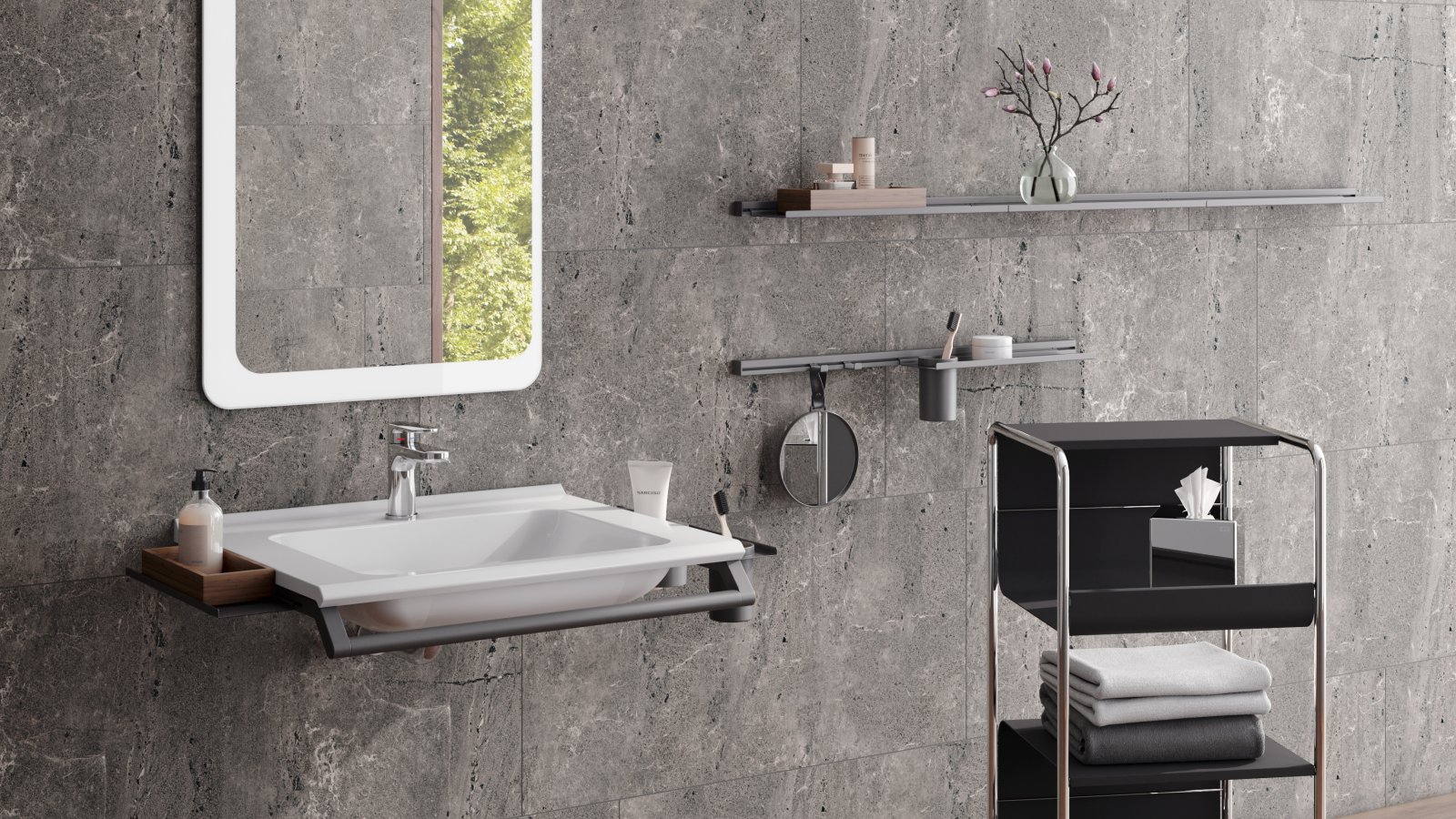 Lavabo modulaire avec poignée et étagères, à côté du chariot d'appoint en noir mat