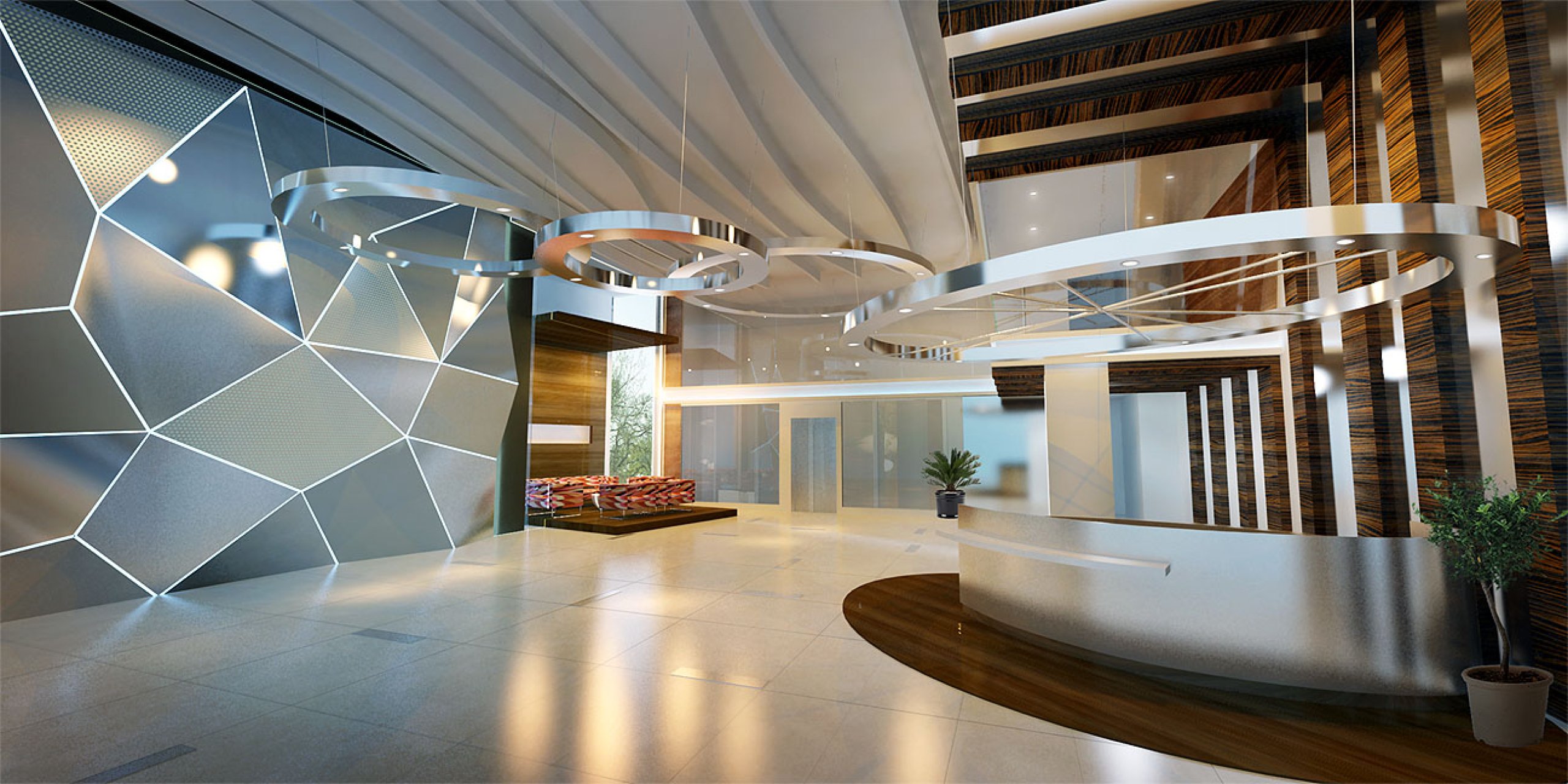 Hotel reception hall with impressive bar and large lamps